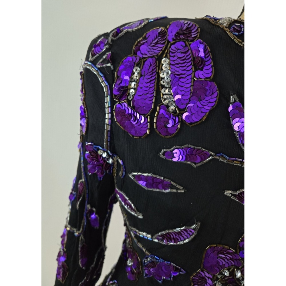 women's 100% Silk Purple Floral Festival live house sequin blouse Top size PS - Picture 5 of 7